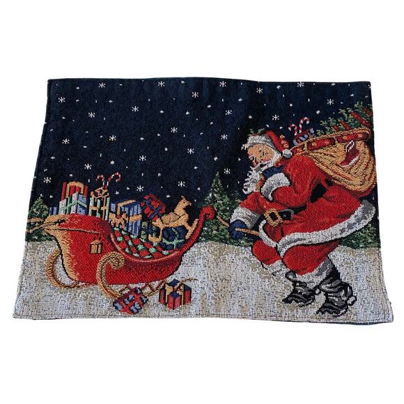 Set of 4 Tapestry Placemats Holiday Christmas Reversible Santa Ornaments 17 X 12 - Picture 3 of 8
